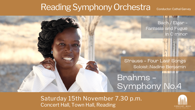 Photo of Nadine Benjamin, Soprano, with black hair and a white top, along with details about the works being performed