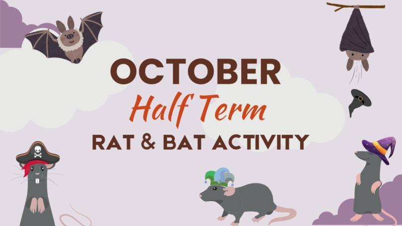 Banner image, purple background with rat and bat cartoons advertising activity during October half-term