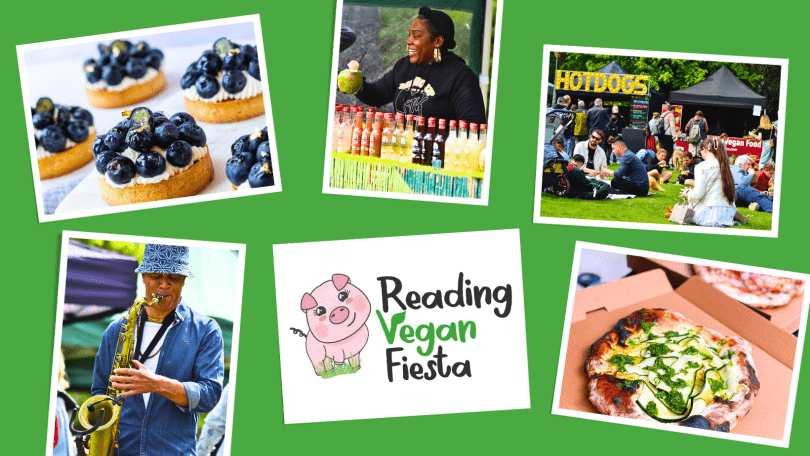 montage of images and the Reading Vegan Fiesta logo
