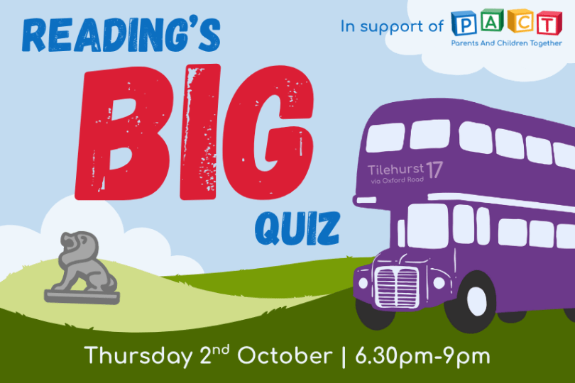 Cartoon image of a purple number 17 bus and the lion from the Forbury Gardens