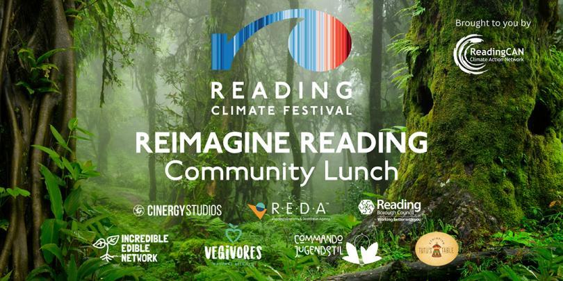 Reimagine Reading: Community Lunch poster with images of a forest