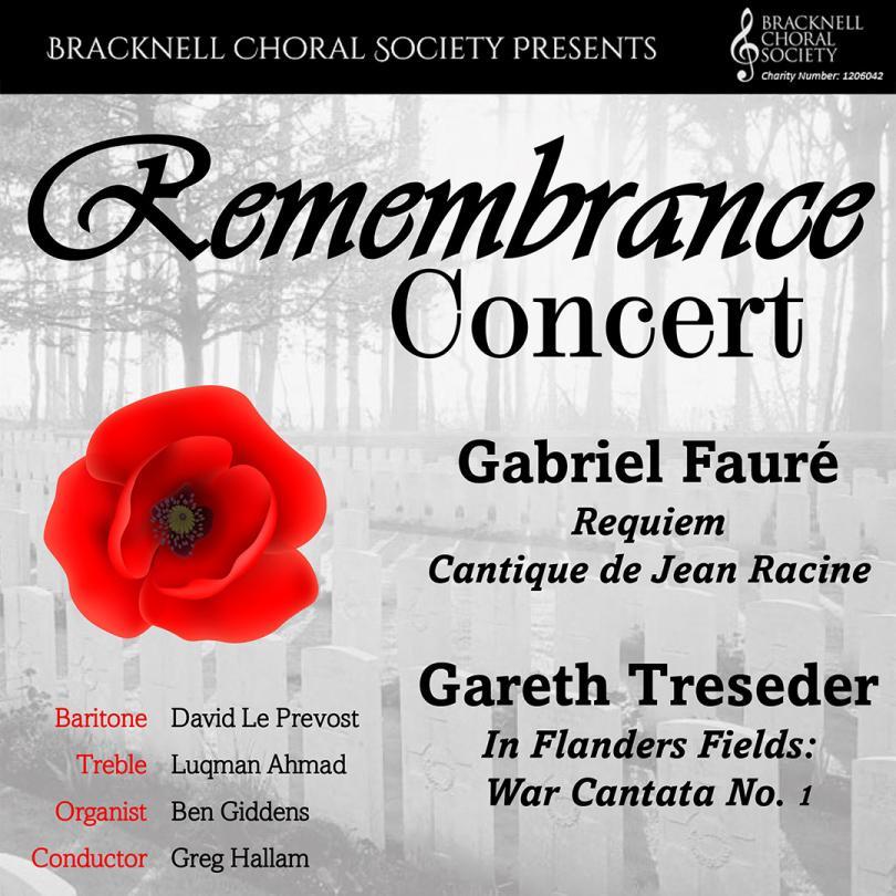 Bracknell Choral Society Remembrance Concert poster with a poppy on a grey background