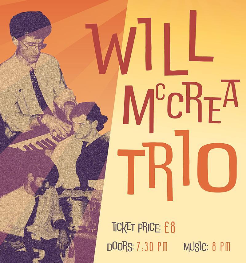 Poster featuring high-exposure monochrome shots of the band members and a mid-century design