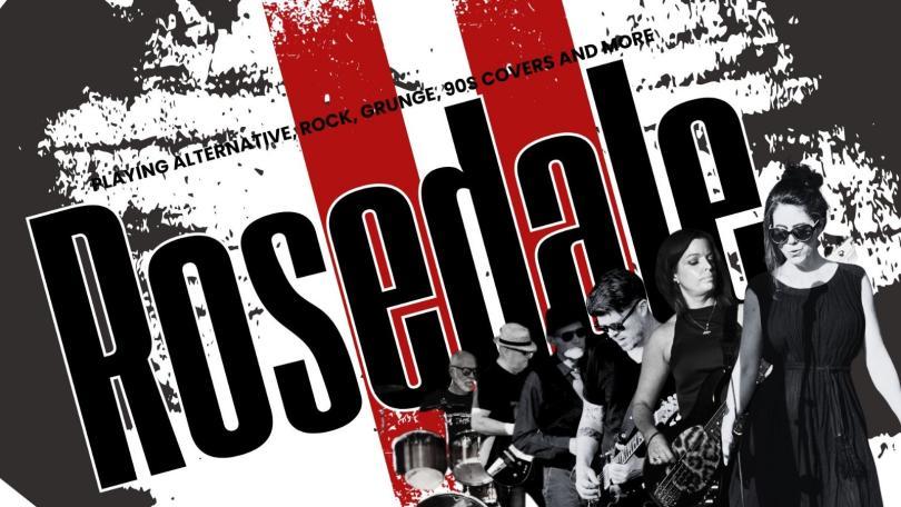 Black and white poster with a photo of the band members in front of the band logo