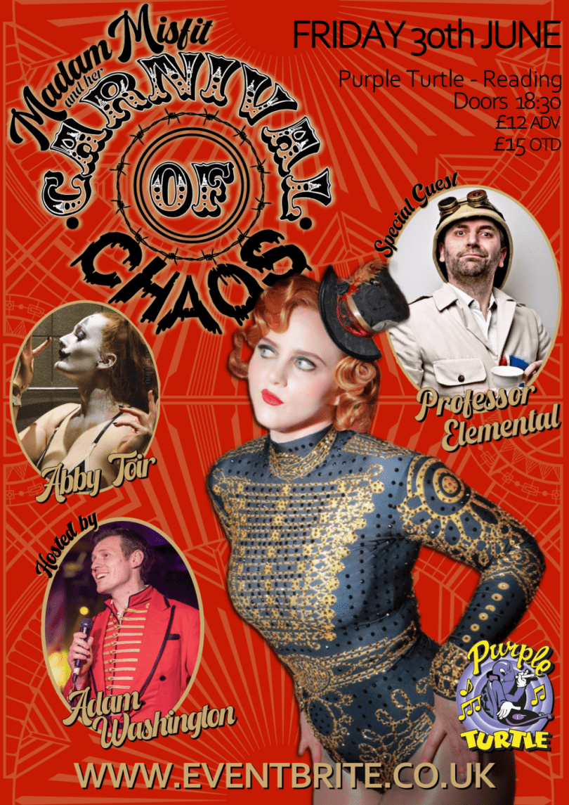 Photo of the Carnival of Chaos poster, red colours.