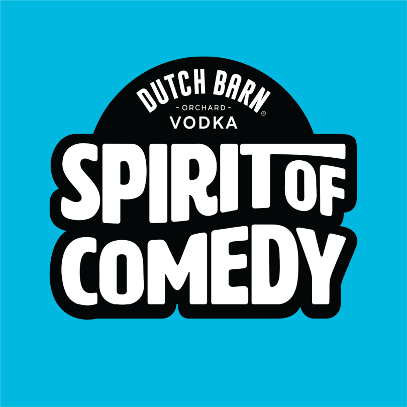 Dutch Barn Spirit of Comedy text on blue background
