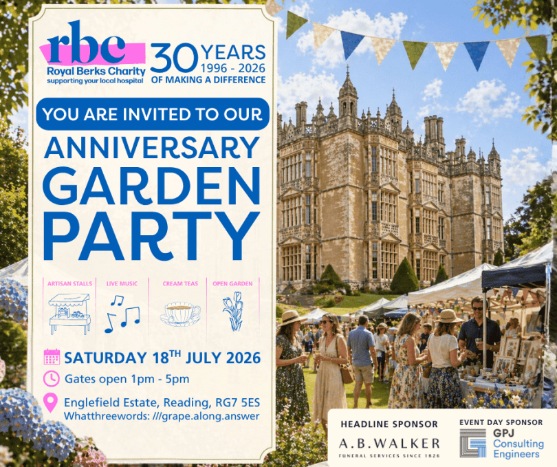 Poster for Royal Berks Charity's 30th Anniversary Garden Party with a photo of Englefield House