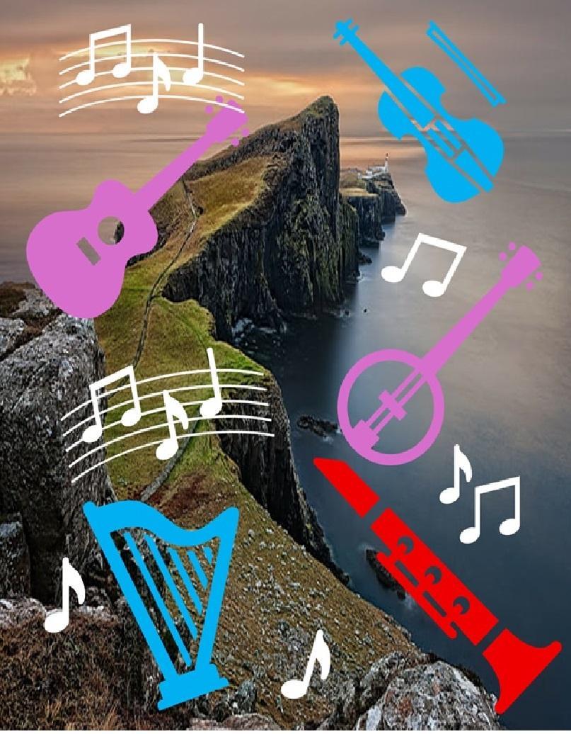 Collage of images of musical instruments and musical notation, set agains a background of a rocky landscape. The shape of the rocks is like the shape of the North of Scotland on a map.