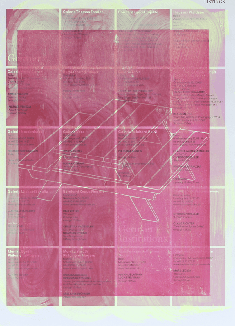 pink screen print of a bench over gallery leaflet