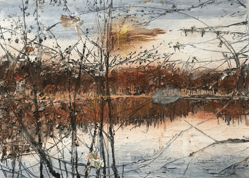A painting of a body of water partially obscured by dark stick-like foliage.