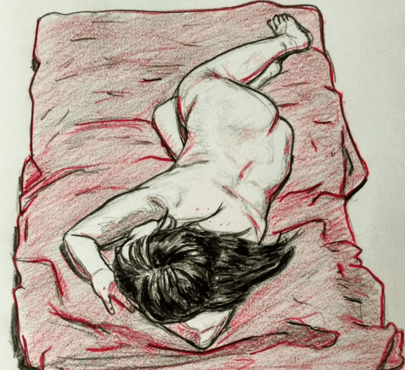 Pencil drawing of nude woman on red blanket