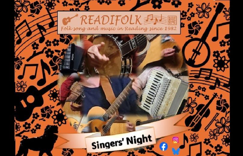 Image advertising Readifolk Singers' Nights. At the centre of the image is a collage of photos of musical instruments being played. The image is surrounded by shapes of musical notation, musical instruments and Reading's Maiwand Lion.
