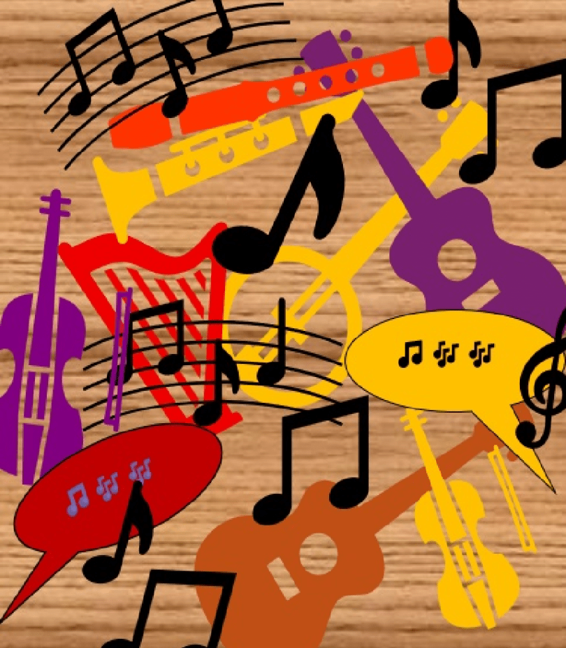 Colourful abstract image of musical instruments and musical notation set against a wood-effect background