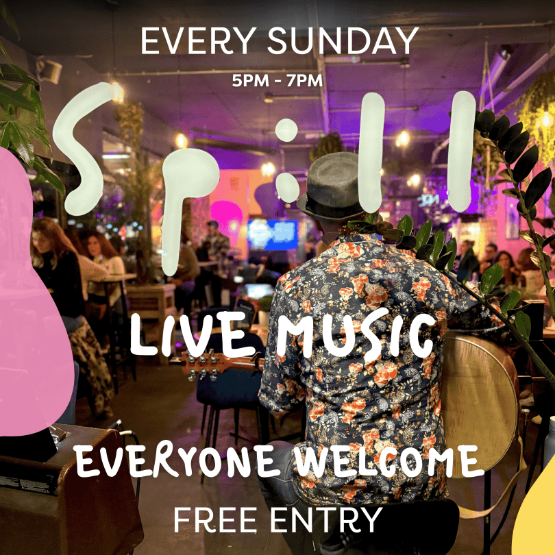 A picture of a musician playing the guitar at the venue and people watching and enjoying with information overlayed about the event