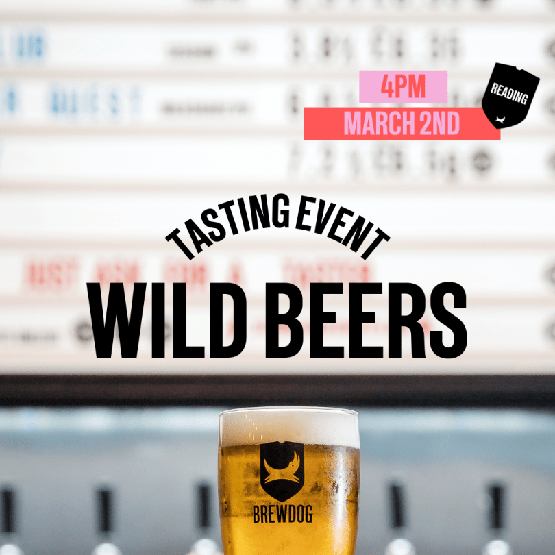 A beer glass with the brewdog logo. Text with the event name, date and time.