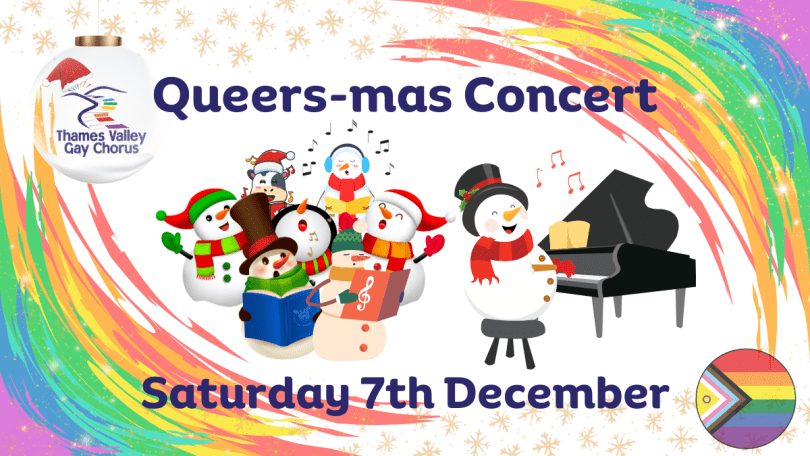 Poster of snow people singing and playing piano for TVGC Queers-mas Concert