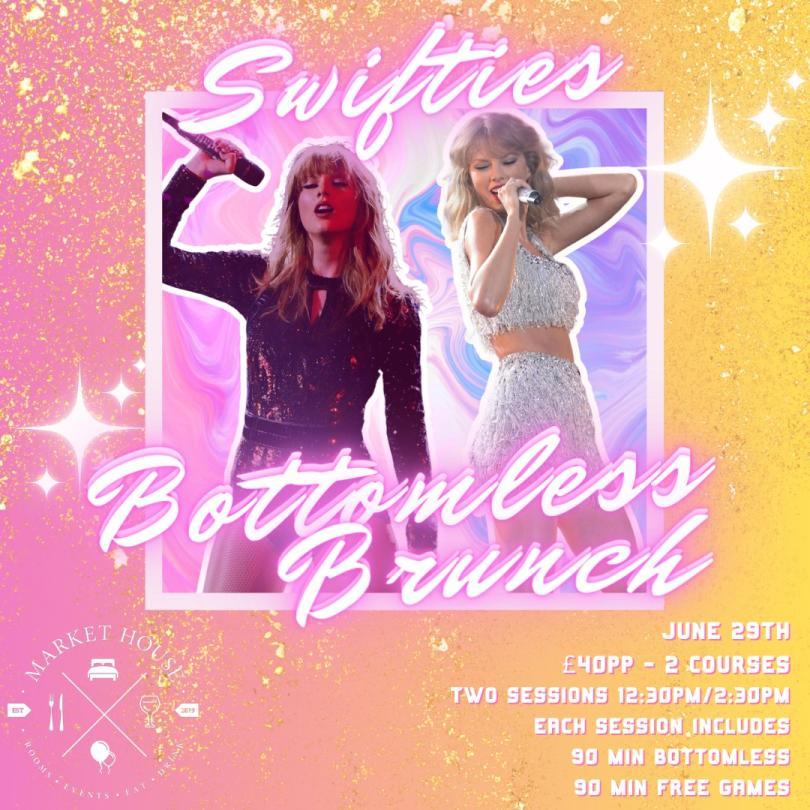 photos of Taylor Swift on an orange and pink background with the words swifties bottomless brunch in pink writing