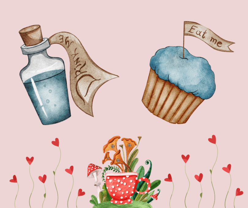 painted imagery of an Alice in Wonderland tea party