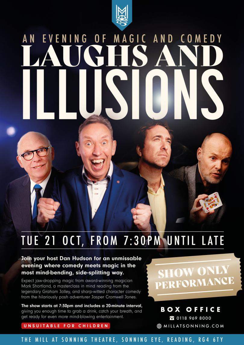 A poster of 4 comedians and magicians