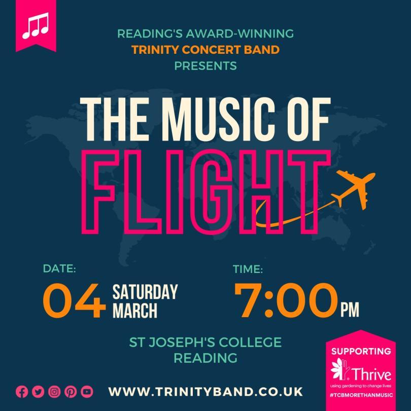Blue background with text "Reading's award-winning Trinity Concert Band presents - The Music of Flight. Supporting Thrive."