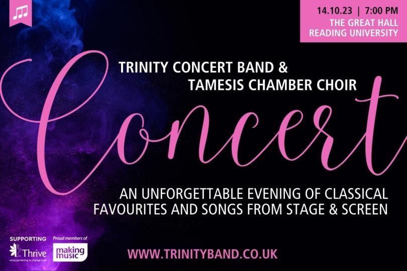 Banner image reads: Trinity Concert Band & Tamesis Chamber Choir. Concert. An unforgettable evening of classical favourites and music from stage and screen.