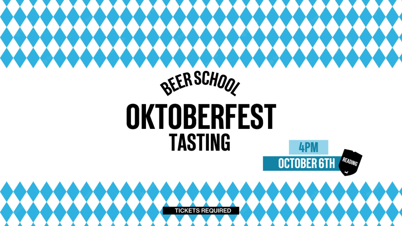 Oktoberfest flags in blue border and text advertising the event.