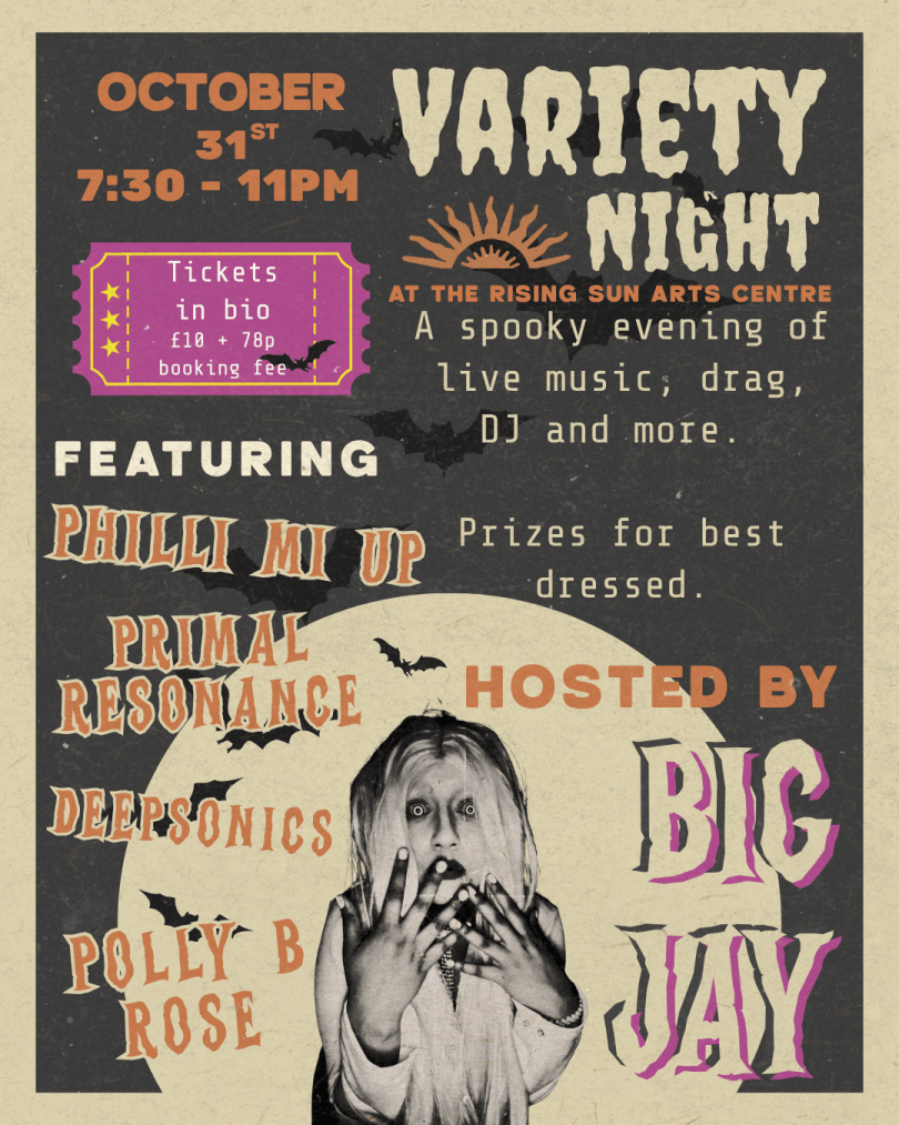 Event poster with an image of a drag performer and a list of the acts