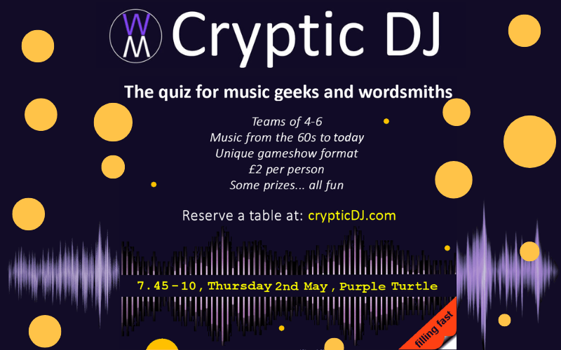 Cryptic DJ returns to The Turtle  £2 per person - teams of 4 to 6  Book Your Table As Every Quiz Has Been Fully Booked.
