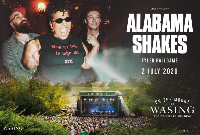 Poster with images of the band members floating above the Wasing stage