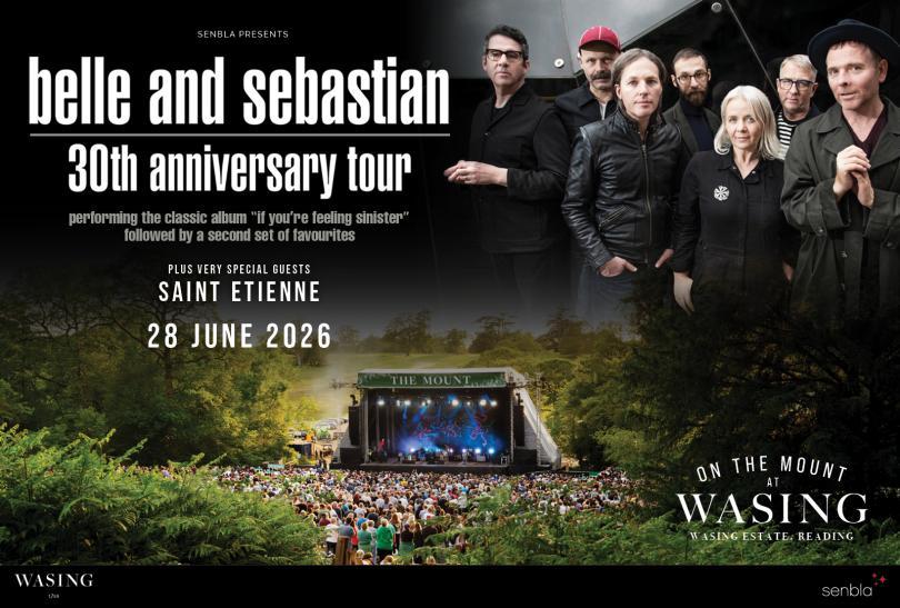Poster for On The Mount At Wasing: Belle & Sebastian with an image of the band hovering over the Wasing stage