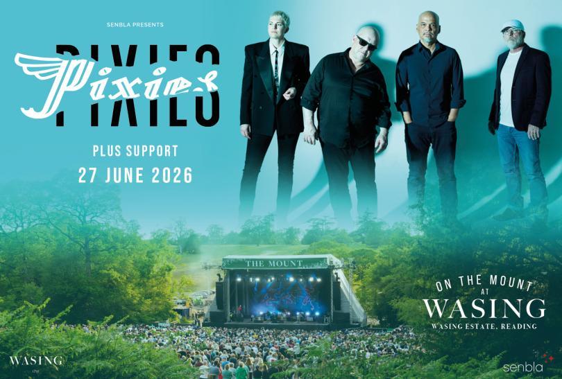 Poster for On The Mount At Wasing: Pixies with an image of the band hovering over the Wasing stage