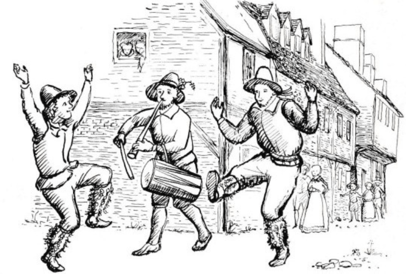 black and white drawing of tudor men dancing