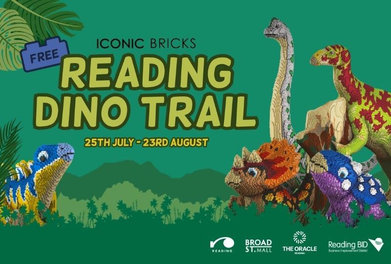 Brick-built dinosaur models against a green jungle background