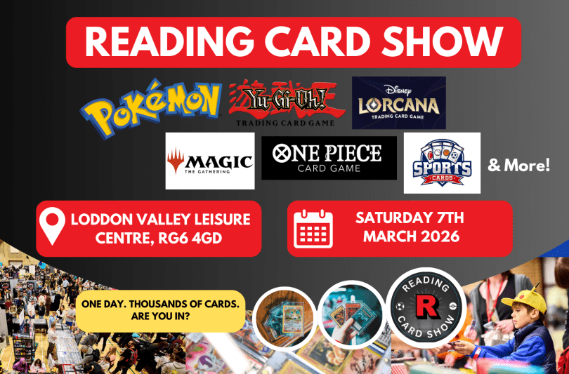 Reading Card Show poster featuring logos for Pokemon, Yu-Gi-Oh and other brands
