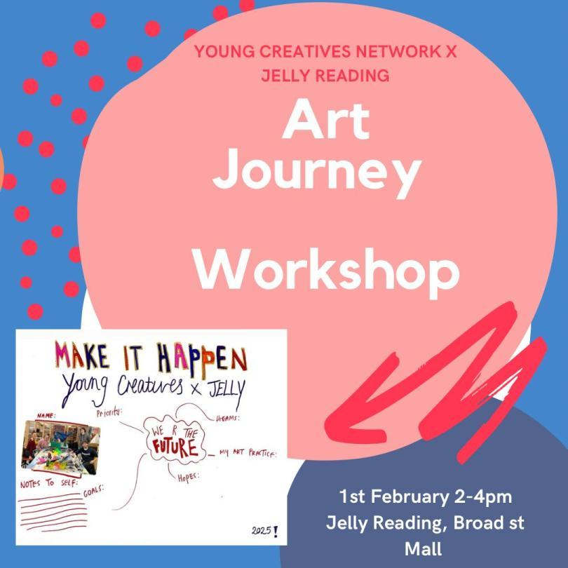 blue and pink shapes with white text 'art journey'