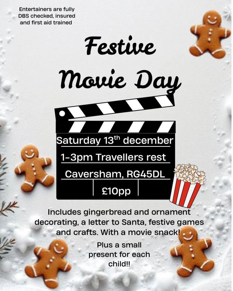 Festive Movie Day poster, with gingerbread and ornament decorating, letter to santa, festive games and movie snack! 