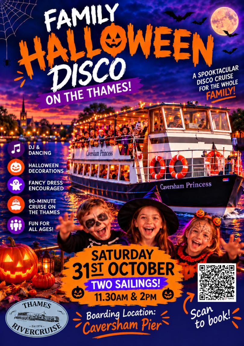 GET READY FOR A SPOOKTACULAR FAMILY HALLOWEEN DISCO! 👻🎃 Join us onboard this Halloween for a fun-filled 90-minute disco cruise on the Thames! 🚤🕷️
