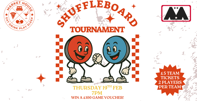 Red and blue shuffle pucks shaking hands on a white background 