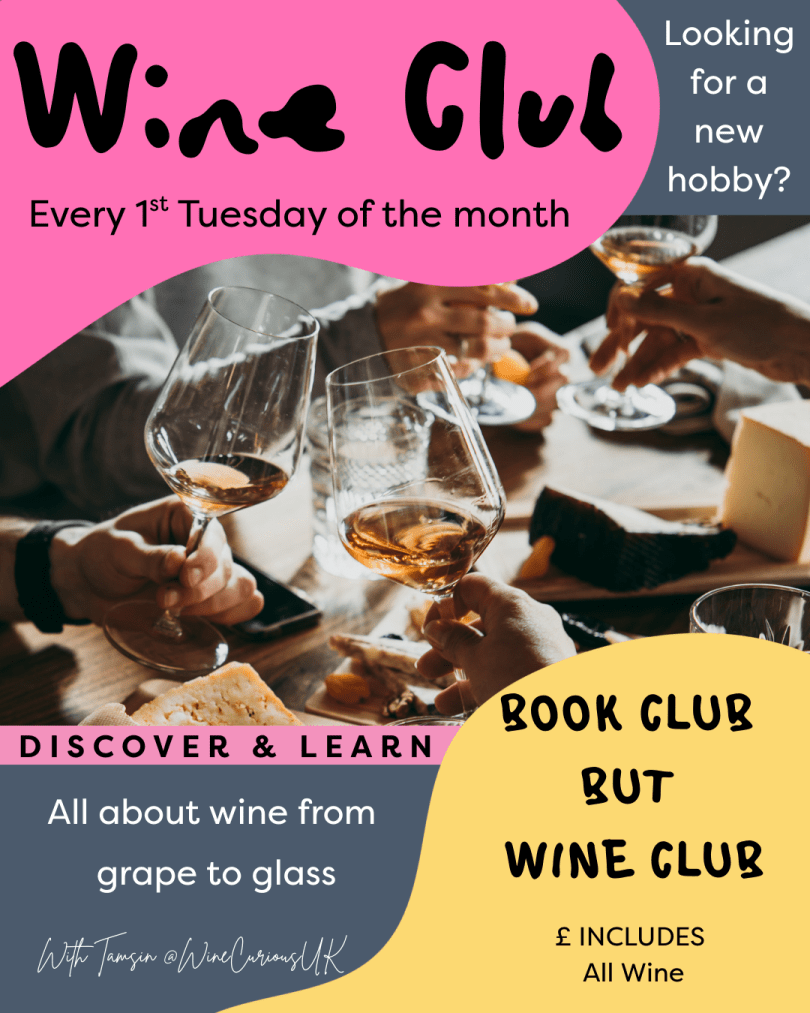 A colourful image of wine glasses clinking with information about the wine club