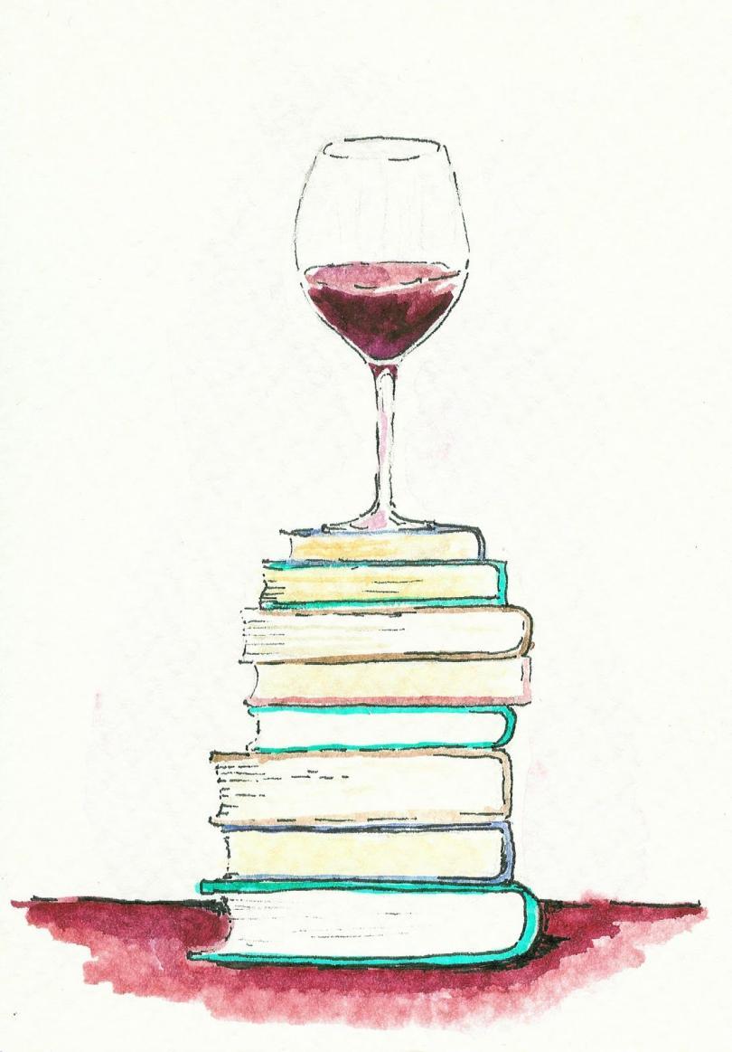 A drawing of a Wine glass filled with Red wine on a stack of books