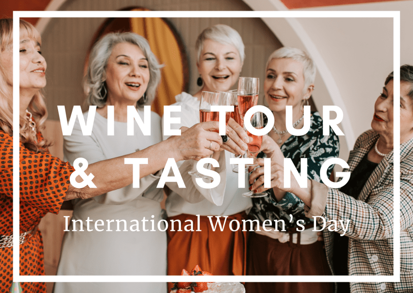 Five women cheers sparkling wine, with a banner Wine Tour & Tasting in bold white. 