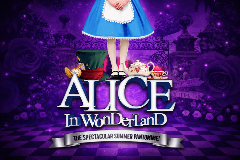 Poster for Alice in Wonderland with the title under an image of a woman dressed as Alice in a blue dress and white aprop, seen only from the wasit down, surrounded by various character props like the Mad Hatter's hat