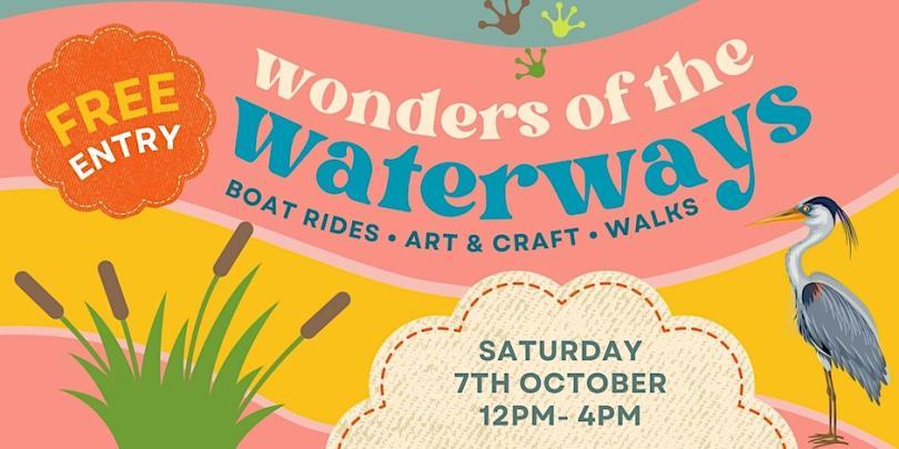 A brightly coloured banner titled Wonders of the Waterways with an heron and bull rushes