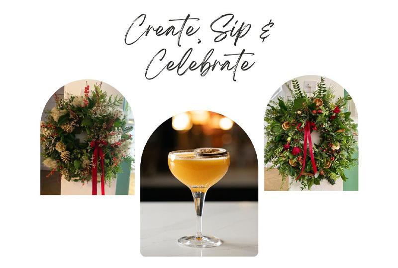 Images of festive wreaths and a cocktail
