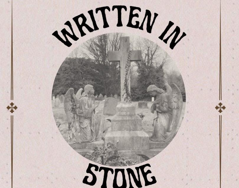 The words "Written in stone" around an old photograph of angel statues in a cemetery 