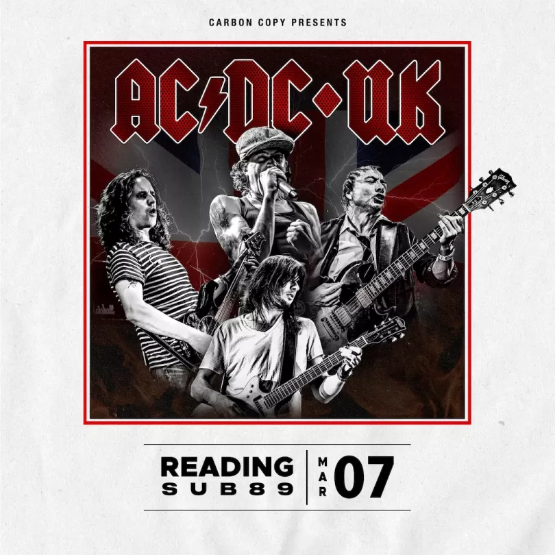poster for AC/DC UK featuring band members in black and white against a red background