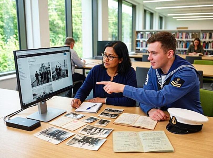 Sailor and young lady looking at a computer screen together