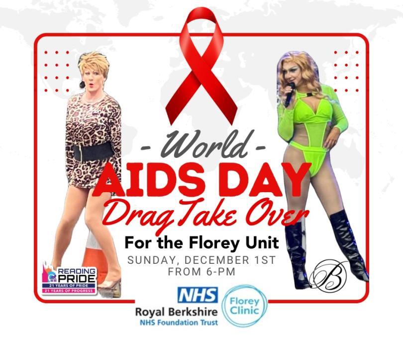 Two drag queens stood either side of a red AIDS awareness ribbon on a white background