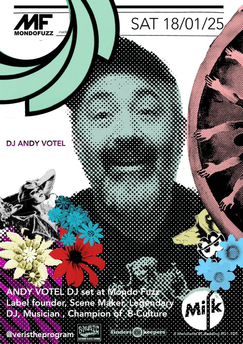 monochrome image of a middle-aged man with greying beard wearing a baseball cap, surrounded by ephemera