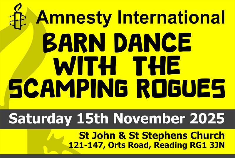 "Barn Dance with The Scamping Rogues" on a yellow background